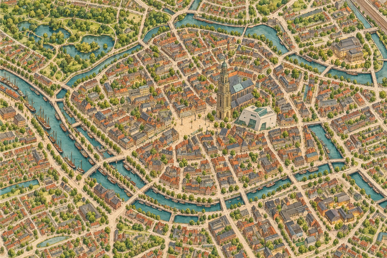 Geïllustreerde kaart van Groningen met grachten, Noorderplantsoen, Martinitoren en Forum